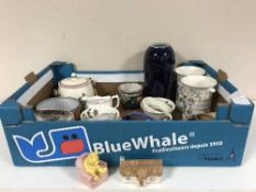 Two boxes of glassware and china comprising part tea services, Ringtons crown ducal vases, Masons,