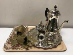 A three piece Oneida plated tea service on tray together with a glass trinket tray and two brass