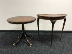 A walnut d-shaped hall table and a reproduction pedestal table by Bradley