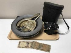 A tray of ship's compass, plated hearth brush and shovel, bank notes, binoculars in case,