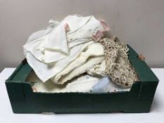Two boxes of table linen, needlework items,