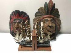 A box of two carved native American wall masks together with a pair of galleon bookends