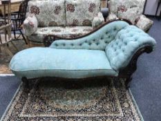 A Victorian mahogany chaise longue upholstered in two-tone green fabric