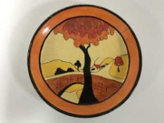 A Clarice Cliff plate - House and Bridge pattern, circa 1930, the back stamped 'FANTASQUE,