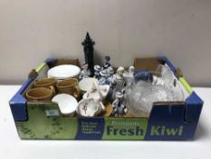 Two boxes of tea china, figures, glass ware, decanter,