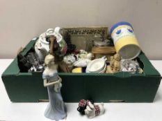 Two boxes of table linen, assorted china,