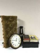 An oak wall barometer, wall clock, metal deed box with key,