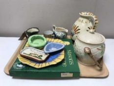 A tray of Myott jug, Mason's ironstone milk jug and plate, Maling ashtray,