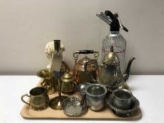 A tray of twentieth century metal items, copper tea pot, brass pestle, pewter,