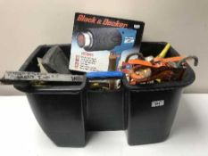 A box of hand tools, extension leads, black and decker heat gun,