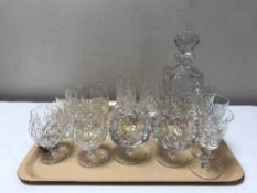 A tray of lead crystal decanter and assorted crystal glasses