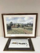 A collection of eight framed pictures and prints including an oil - Figures in Winter landscape,