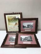 A box of fourteen assorted pictures, copper bed warming pan, swing ball,