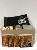A box of tins, Ringtons etc, box of Ringtons writing set,