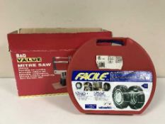 Three boxes of garden tools, work boots, snow chains, mitre saw, gas stove ,