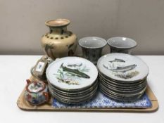 Two trays of continental china, pottery, fish plates, miniature Chinese teapot,