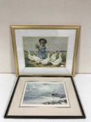 Ten assorted framed pictures including a Lindsay print, wool work,