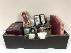 A box of Paragon and crown stafford commemorative mugs, Whisky jug, cutlery, glass ware,