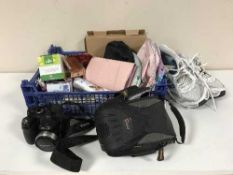 Two boxes and a crate of clothing, hats, gloves, shoes, Adidas trainers, make up,