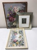 A pine framed oil - Lake with mountains beyond, together with framed watercolour by I M Strachan,