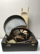 Two boxes of part wooden spinning wheel, copper and brass,