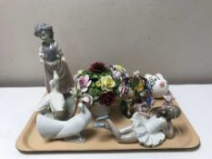 A tray of two Nao figures, continental figure - Girl with ducks, three china flower posies,