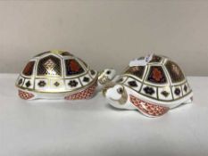 A pair of Royal Crown Derby paperweights modelled as turtles with gold back stamps