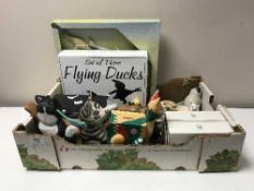A box of novelty animal ornaments, cats and frogs, two boxed flying duck sets,