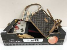 A box of handbags, costume jewellery,