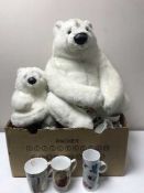 A large polar bear figure with cub, lace, linen, continental embroidery, china plates,