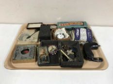 A tray of view master slides, carved hardwood boxes, costume jewellery, pocket watch,