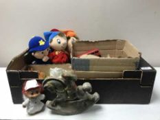 A box of soft toys, Noddy, Andy Pandy, troll dolls, box of wooden blocks, train,