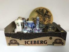 Two boxes of Ringtons, pottery steins,