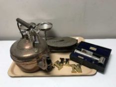 A tray of plated items, Salter spring scales, copper kettle,