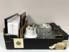 Three boxes of pans, assorted dinner ware,