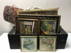 A box of tapestries and oils, circular mirror,
