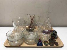 A tray of glass, crystal ice bucket, decorative vases, desert bowls,