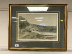 Victor Noble Rainbird (1887-1936), Cattle grazing by a river with bridge beyond, watercolour,