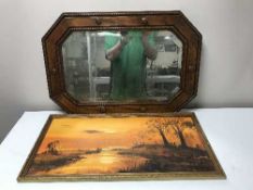 A box of early twentieth century oak framed bevelled mirror, golfing montage,