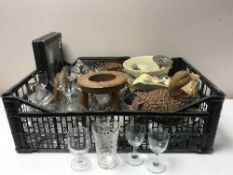 Three boxes of china, glass and pottery including a large Spanish wall plaque, Sylvac ornament,