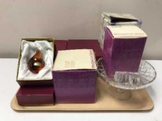 A tray of seven pieces of Wedgwood crystal, glass and paperweights,