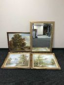 A gilt framed bevelled mirror together with three contemporary framed oils on canvas - landscape