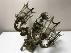 A heavy brass five branch chandelier