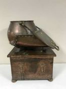 An antique copper coal receiver together with a copper coal box