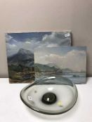 Two unframed oils - L Spence depicting figures on a path and rowing boats at sea,