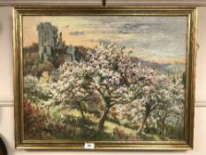 20th century school, in the style of Gaston La Touche, Prunus trees with a castle in the background,