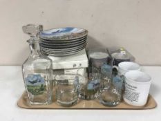 A tray of glass decanter and six Whisky tumblers depicting spitfires,