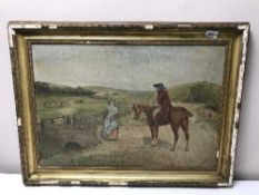 An early 20th century gilt framed oil on canvas, figure on horse back, signed P. W. Baker, dated 2.