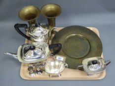 A pair of finely decorated Indian brass chargers, together with a pair of vases of the same origin,