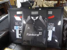 Three framed Newcastle Falcons signed sponsors shirts 